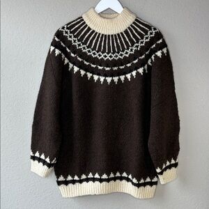 A Line Anne Klein Vintage Nordic Wool Blend Fair Isle Sweater Size M Brown Cream